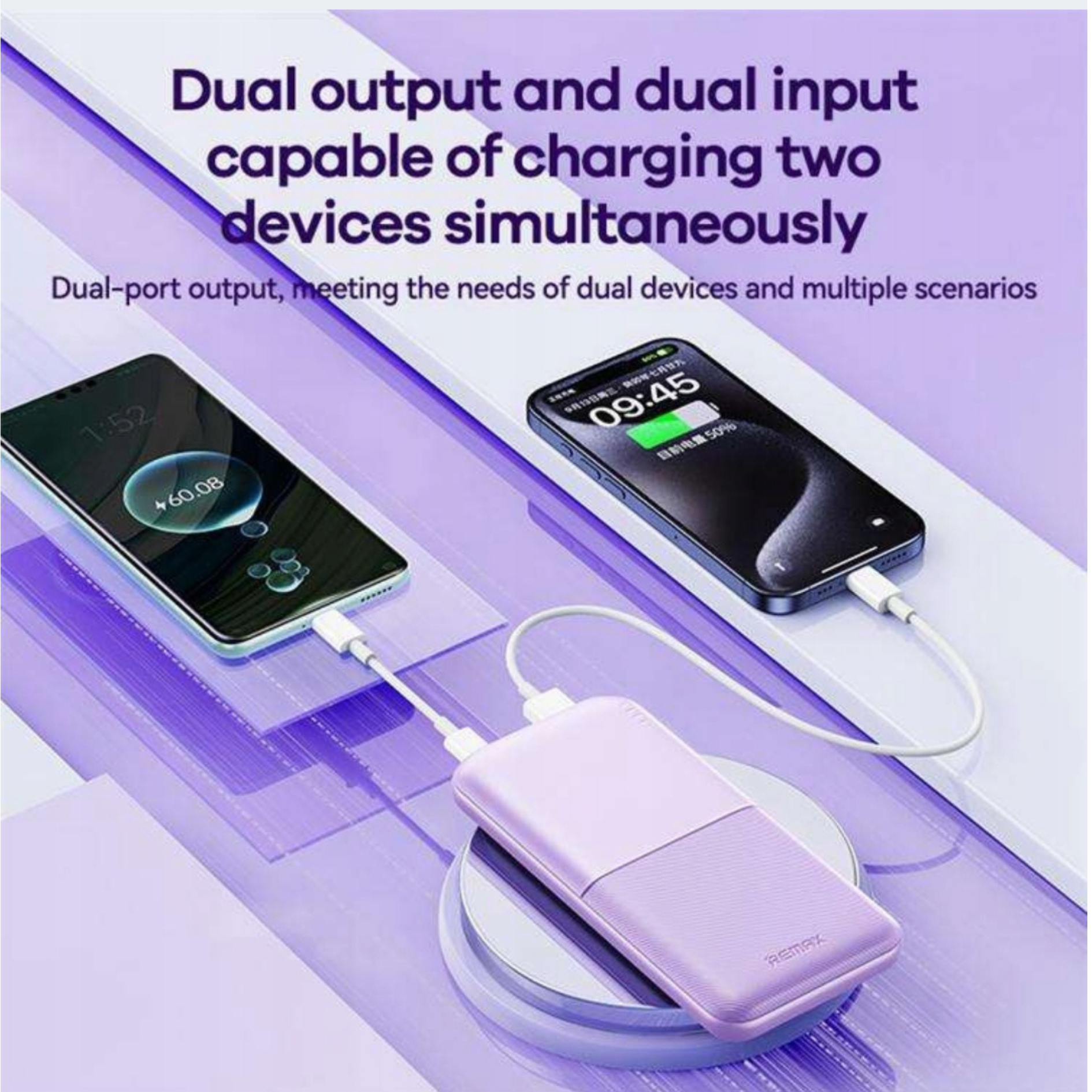 REMAX Lango2 Powerbanka 10000 mAh – ultra tenká, rychlé nabíjení 2.4A, USB-C, Lila