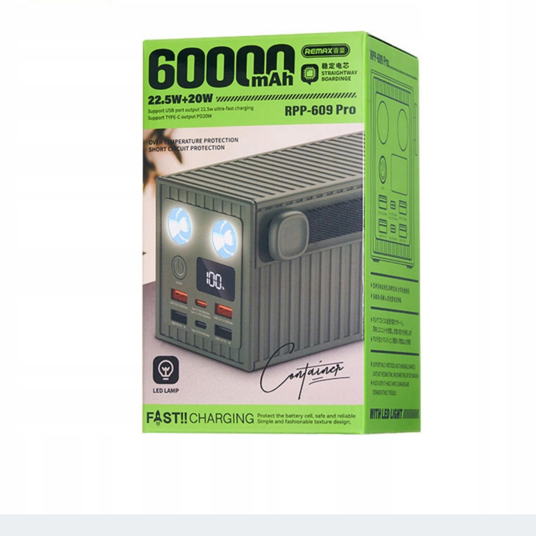 REMAX Powerbanka 60 000 mAh – Výkonná externí baterie 22,5W, USB-C, LED (Zelená)