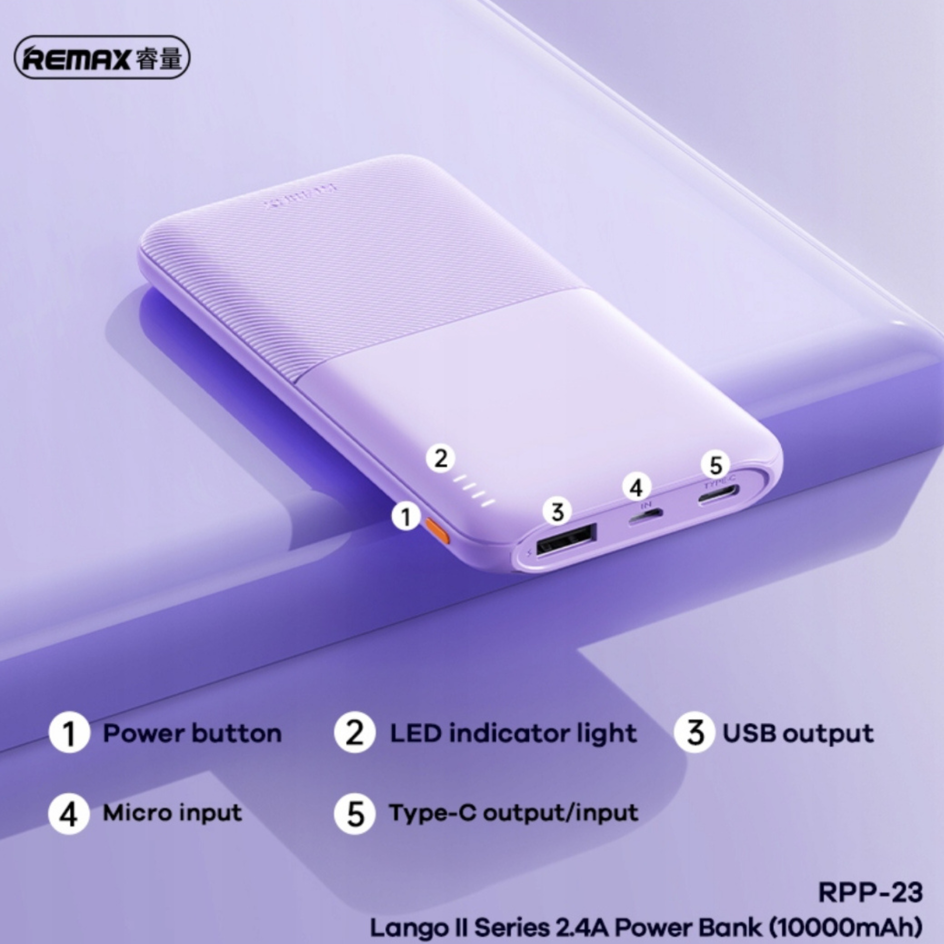 REMAX Lango2 Powerbanka 10000 mAh – ultra tenká, rychlé nabíjení 2.4A, USB-C, Lila