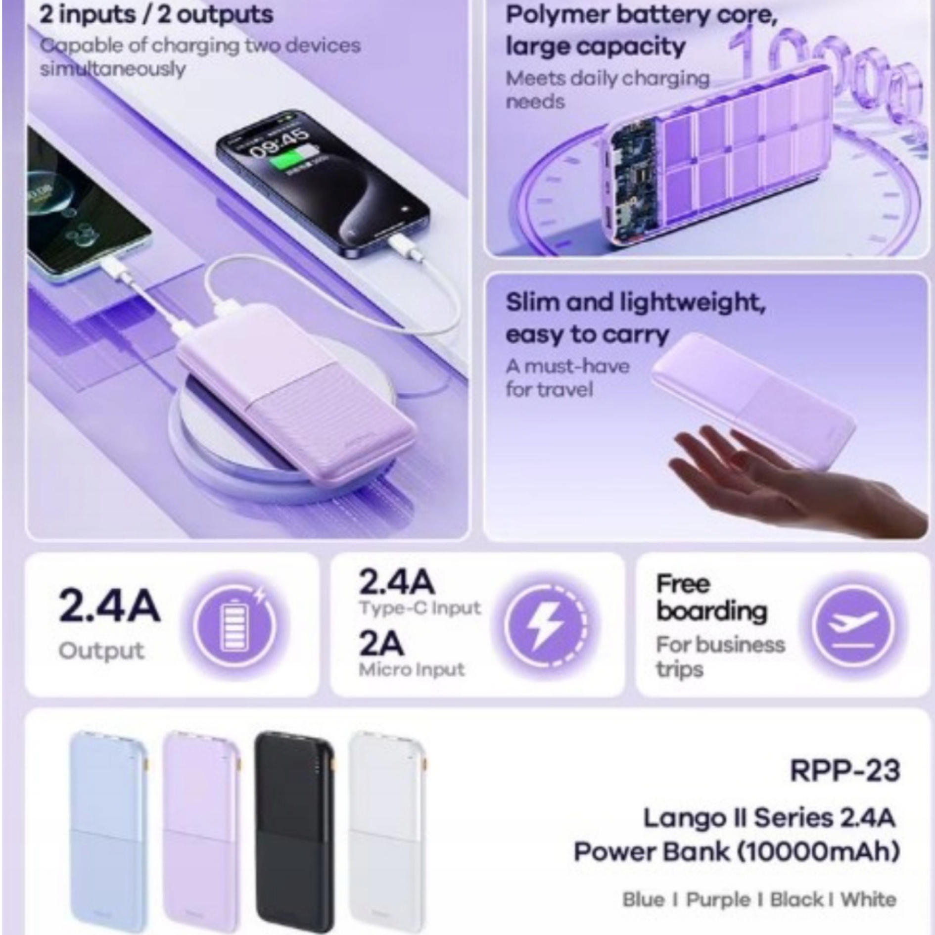 REMAX Lango2 Powerbanka 10000 mAh – ultra tenká, rychlé nabíjení 2.4A, USB-C, Lila